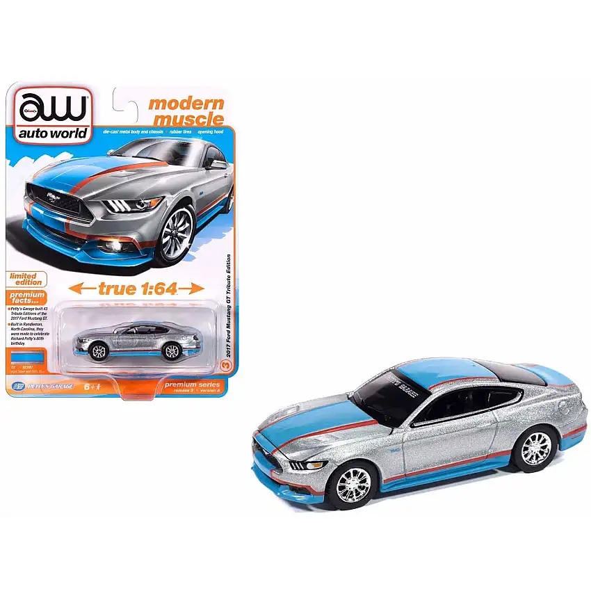 2017 Ford Mustang GT Tribute Edition "Petty's Garage" Ingot Silver Metallic with Petty Blue and Red Stripes "Modern Muscle" Series 1/64 Diecast Model Car by Auto World
