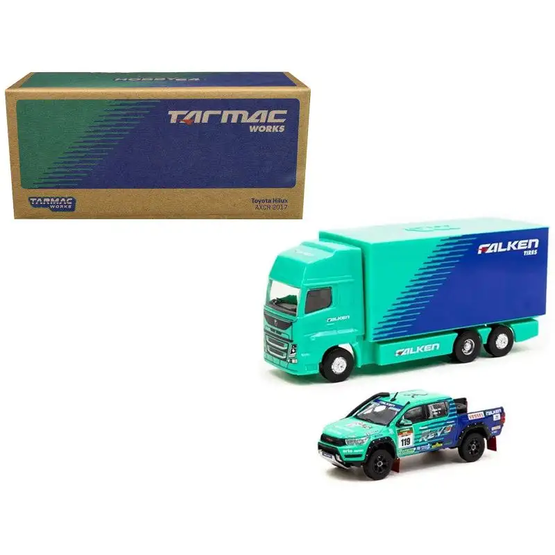 2017 Toyota Hilux AXCR Pickup Truck RHD (Right Hand Drive) #119 Green and Blue "Falken" Livery with Plastic Transporter Packaging "Falken Tires" 1/64 Diecast Model Car by Tarmac Works