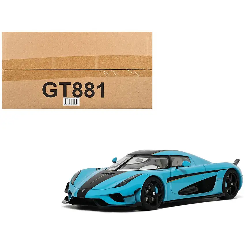 2018 Koenigsegg Regera Baby Blue with Black Stripes and White Interior 1/18 Model Car by GT Spirit