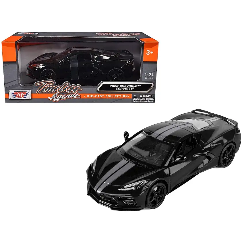 2020 Chevrolet Corvette C8 Stingray Black with Silver Stripes "Timeless Legends" Series 1/24 Diecast Model Car by Motormax