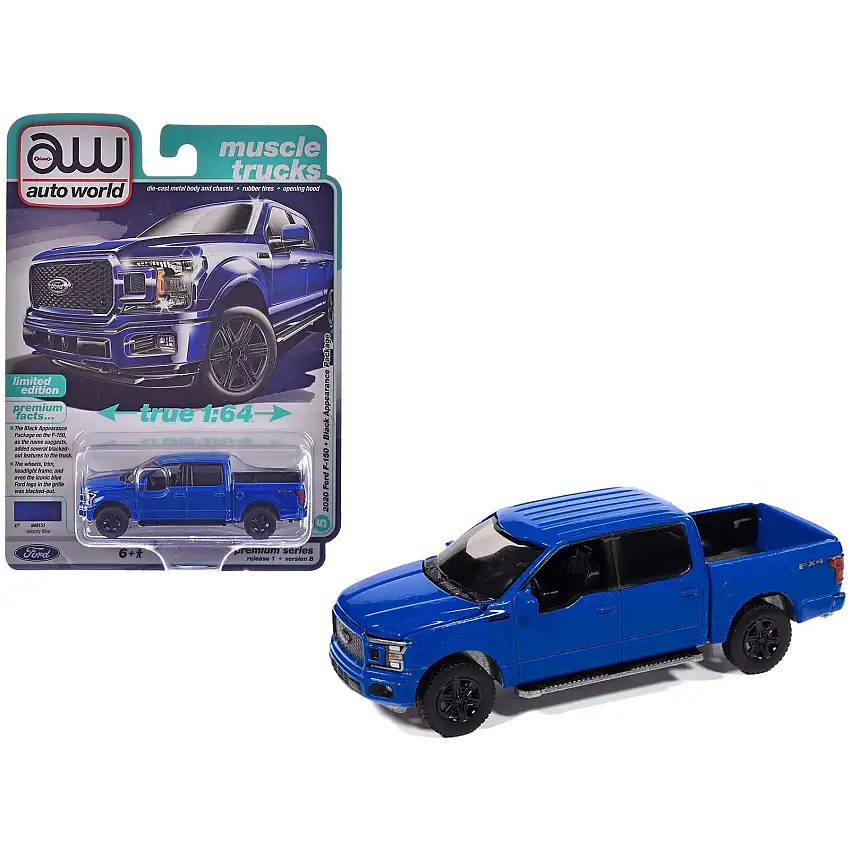 2020 Ford F-150 FX4 Black Appearance Package Pickup Truck Velocity Blue "Muscle Trucks" Series 1/64 Diecast Model Car by Auto World