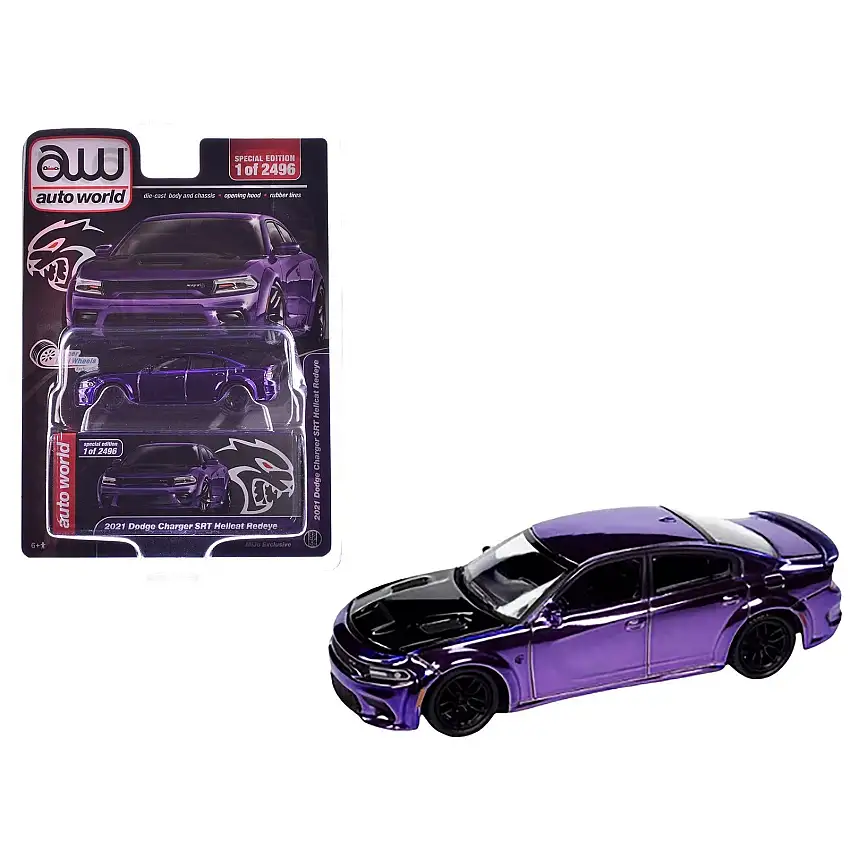 2021 Dodge Charger SRT Hellcat Redeye Purple Chrome with Black Hood Limited Edition to 2496 pieces Worldwide 1/64 Diecast Model Car by Auto World