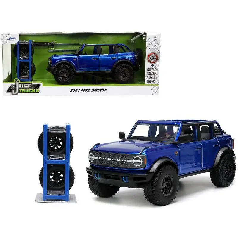 2021 Ford Bronco Open-Top Candy Blue Metallic with Extra Wheels "Just Trucks" Series 1/24 Diecast Model Car by Jada