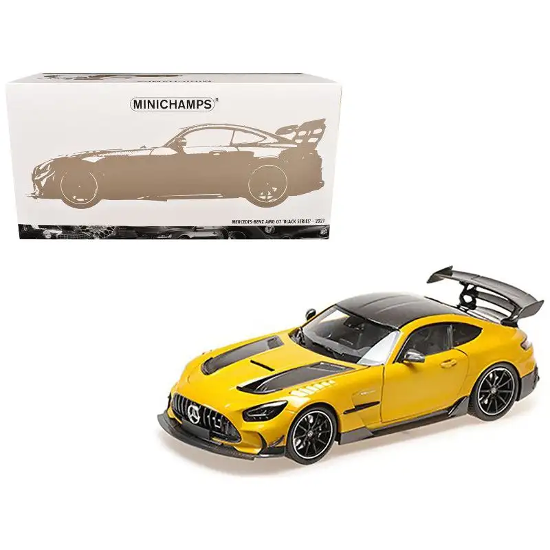 2021 Mercedes-Benz AMG GT Black Series Solarbeam Yellow Metallic with Black Top and Hood Stripes 1/18 Diecast Model Car by Minichamps