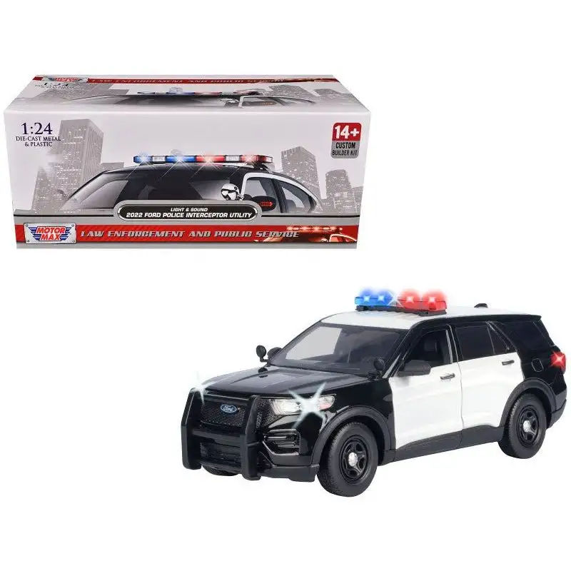 2022 Ford Police Interceptor Utility Black and White "Builder's Kit" with Flashing Light Bar and Front and Rear Lights and Sounds 1/24 Diecast Model Car by Motormax
