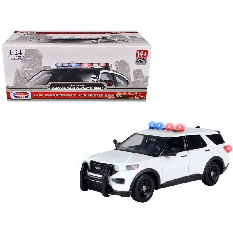 2022 Ford Police Interceptor Utility Plain White "Builder's Kit" with Flashing Light Bar and Front and Rear Lights and Sounds 1/24 Diecast Model Car by Motormax