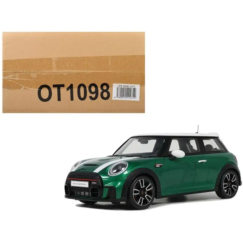 2023 Mini Cooper F56 JCW #74 British Racing Green with White Top and Stripes 1/18 Model Car by Otto Mobile