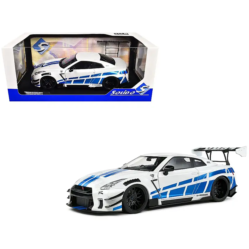 2024 Nissan GT-R (R35) RHD (Right Hand Drive) with Liberty Walk 2.0 Body Kit White Metallic with Blue Stripes "For Paul Tribute" 1/18 Diecast Model Car by Solido