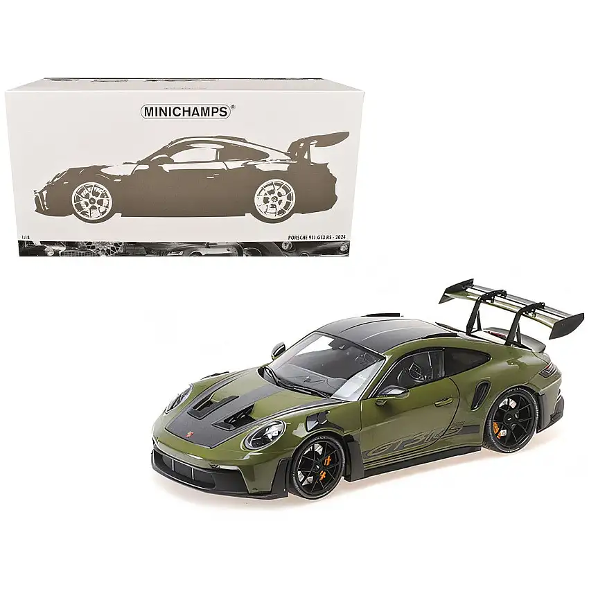 2024 Porsche 911 GT3 RS Nato Olive with Carbon Top and Hood Stripes Limited Edition to 400 pieces Worldwide 1/18 Diecast Model Car by Minichamps