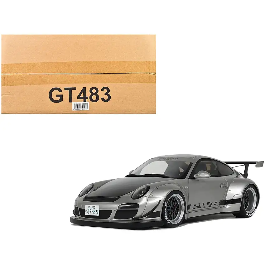 2024 Porsche 911 RWB Abu Silver Metallic with Black Hood 1/18 Model Car by GT Spirit