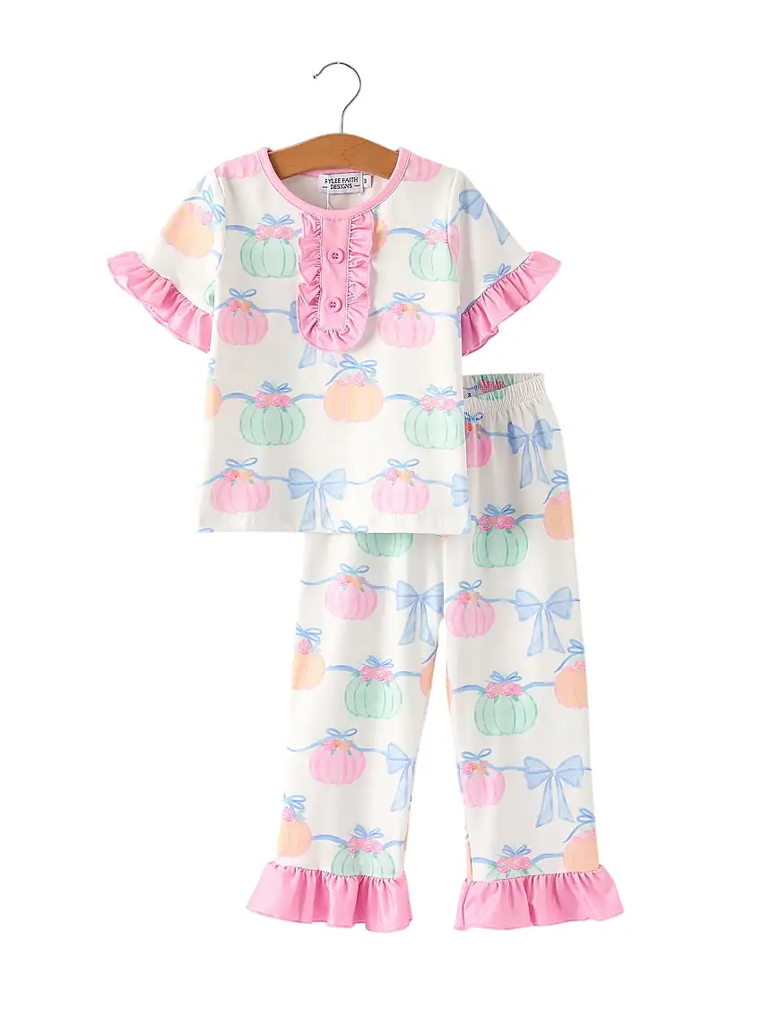 Fall Halloween & Thanksgiving Short Sleeve Ruffled Milk Silk Girls Pajamas