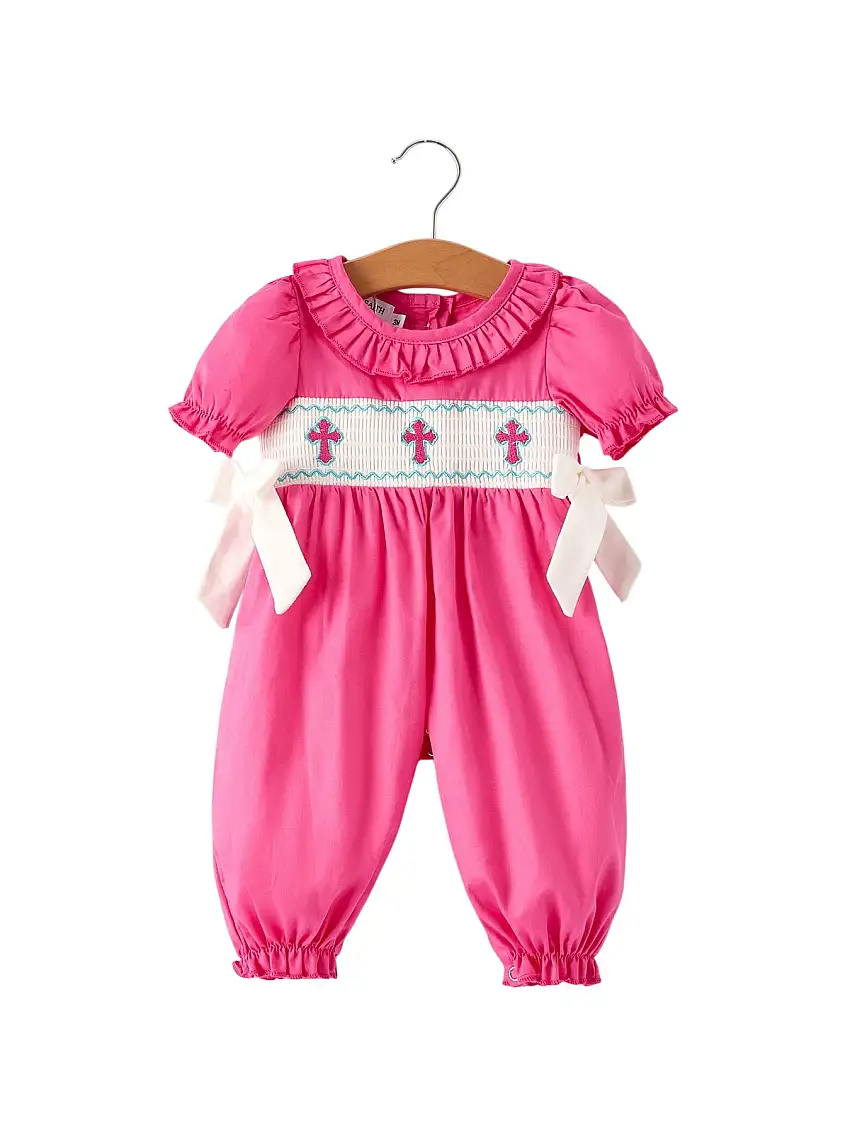 Pink Smocked Church Christ Bishop Christening Bow Baby Girl Romper