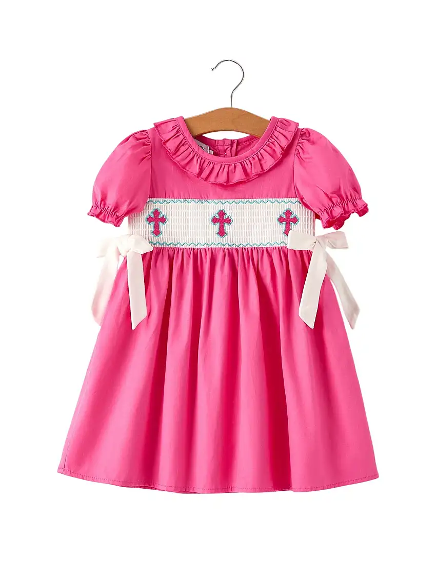 Pink Smocked Church Christ Bishop Christening Bow Girl Dress