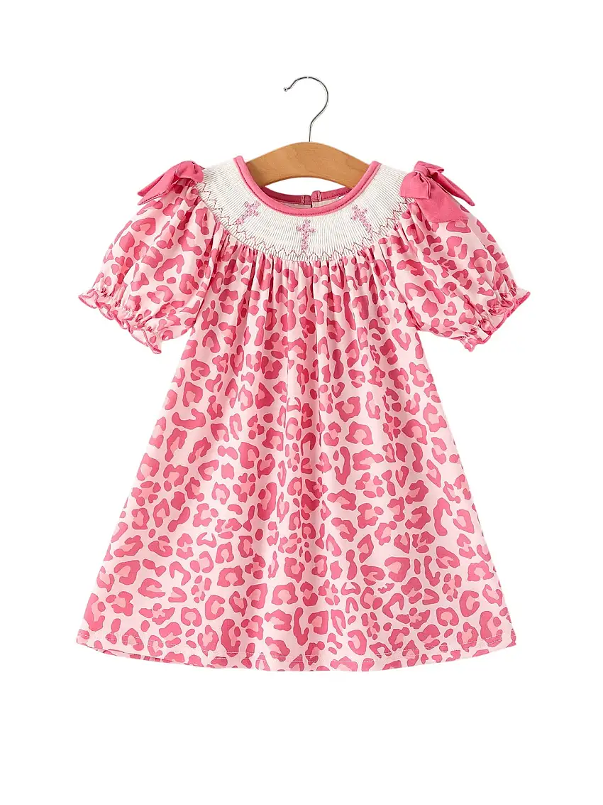 Pink Smocked Church Christ Bishop Christening Leopard Girl Dress