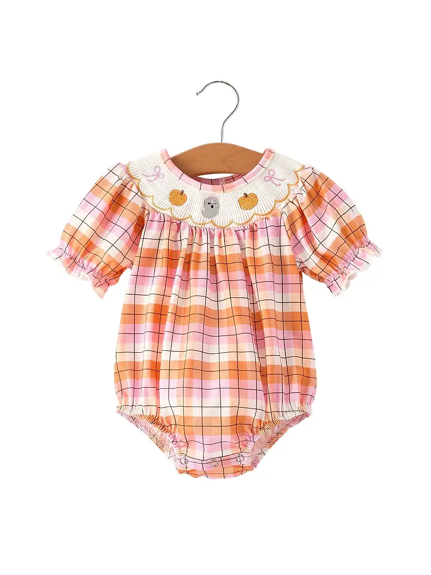 Halloween Pumpkin Bow Ghost Smock Embroidered Plaid Girls Romper