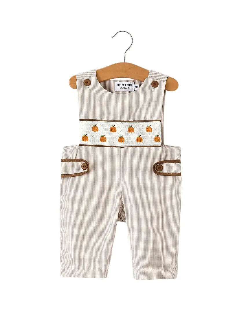 Fall Halloween & Thanksgiving Pumpkin Smock Embroidered Boys Romper