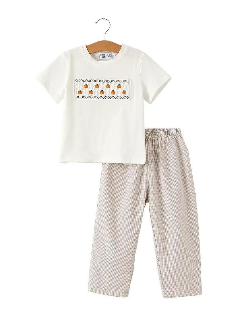 Halloween & Thanksgiving Pumpkin Smock Embroidered Plaid Boys 'set