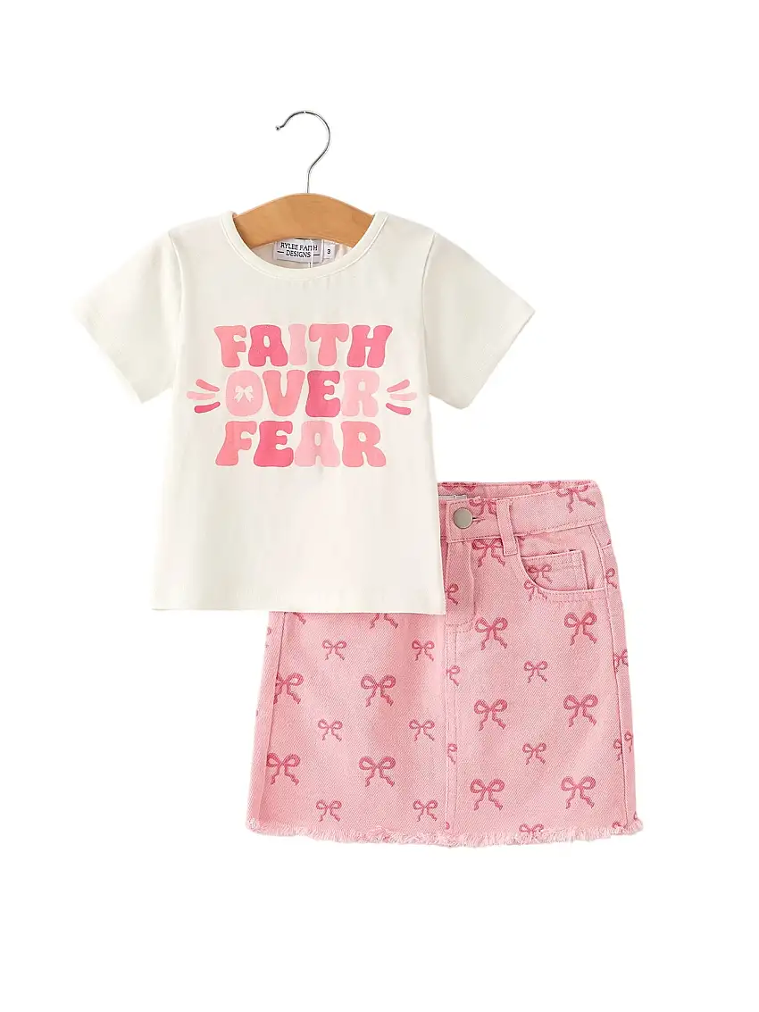 Girls Set Letter T-shirt + Pink Bow Printed Denim Skirt