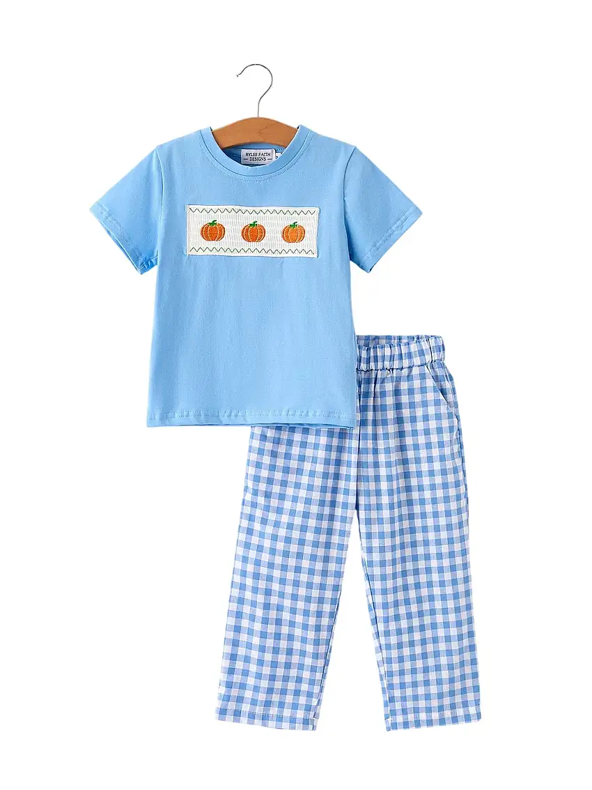 Fall Thanksgiving& Halloween Blue Pumpkin Smock Embroidery Baby Boy'set