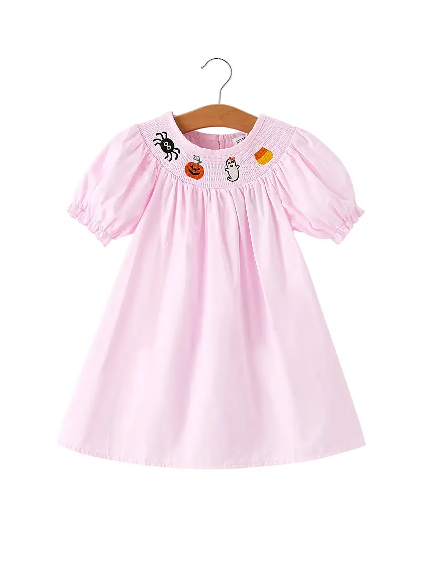 Fall Halloween Pink Spider Pumpkin Ghost Smock Embroidery Girl Dress