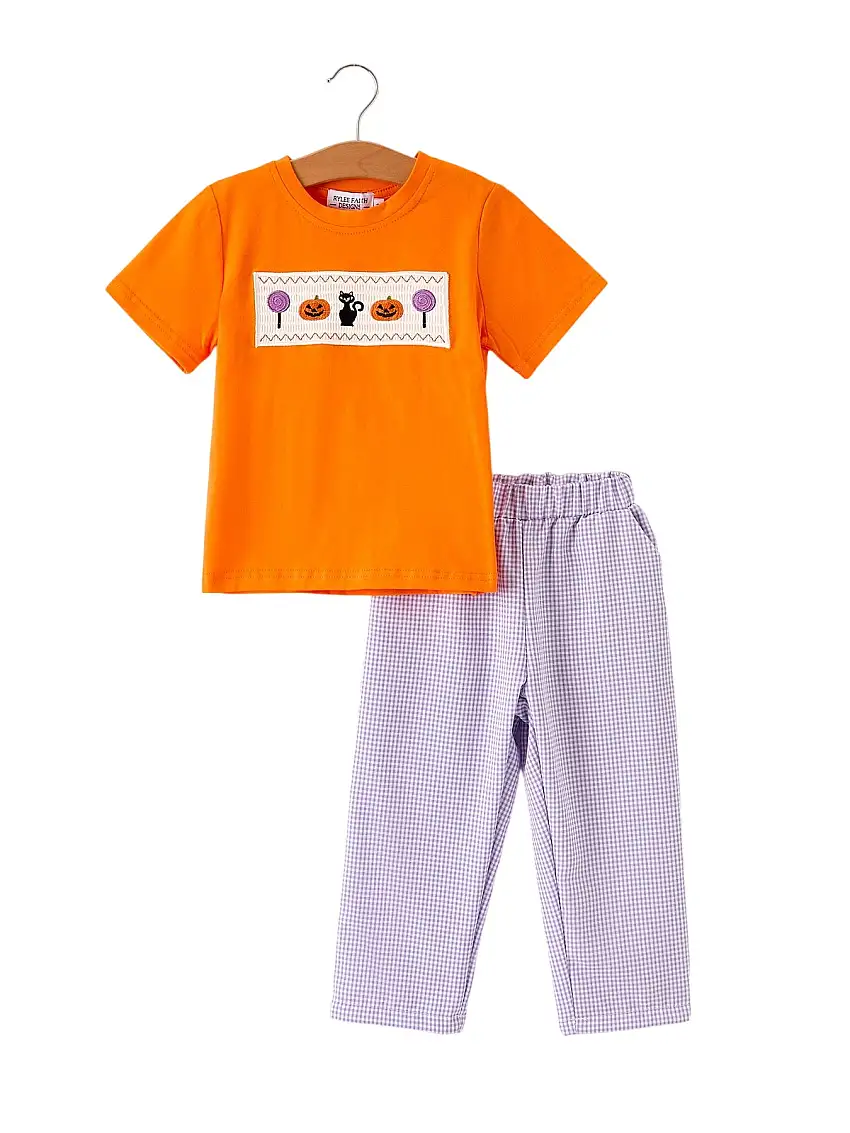 Fall Halloween Purple Balloon Pumpkin Cat Smock Embroidery Boy Set