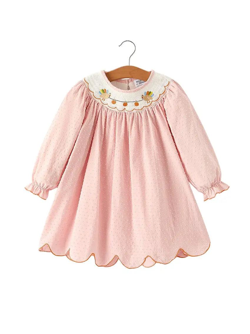 Fall Thanksgiving& Halloween Chicken Pumpkin Smock Embroidery Baby Girl Dress