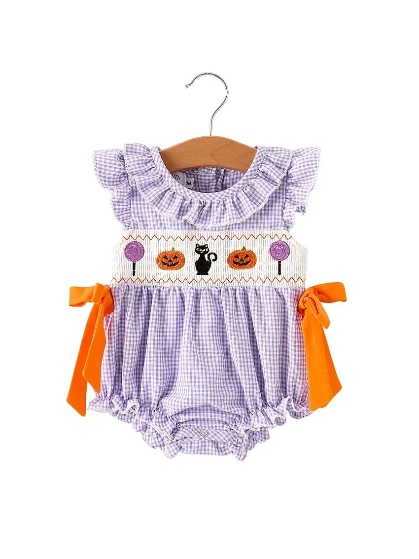 Fall Halloween Purple Balloon Pumpkin Cat Smock Embroidery Baby Girl Romper