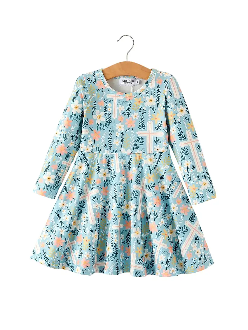 Autumn Christmas Girls Cross Floral Milk Silk Dress