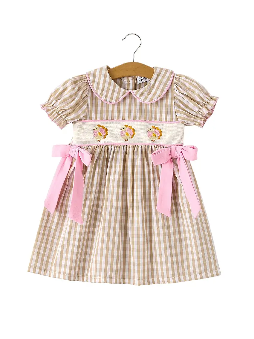Fall Thanksgiving Lapel Plaid Chick Embroidery Smocking Bow Baby Girls Dress