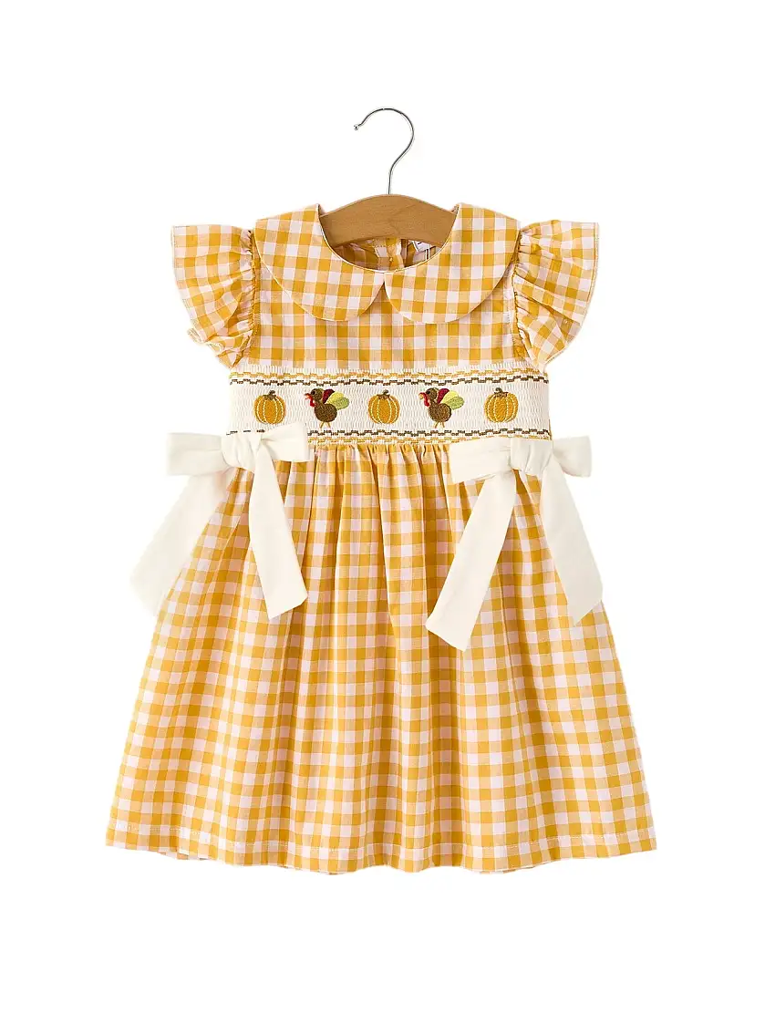 Autumn Thanksgiving Yellow Plaid Turkey Pumpkin Embroidery Smock Girl Dress