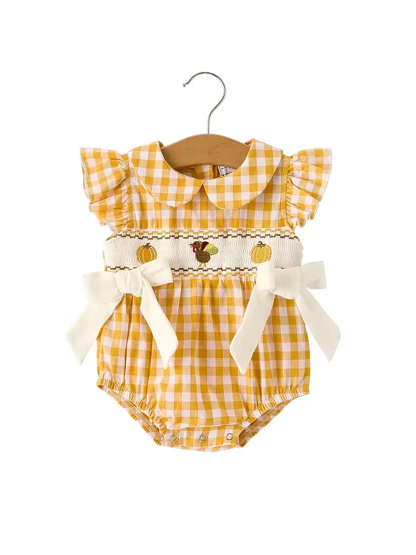 Autumn Thanksgiving Yellow Plaid Turkey Pumpkin Embroidery Smock Girls Romper