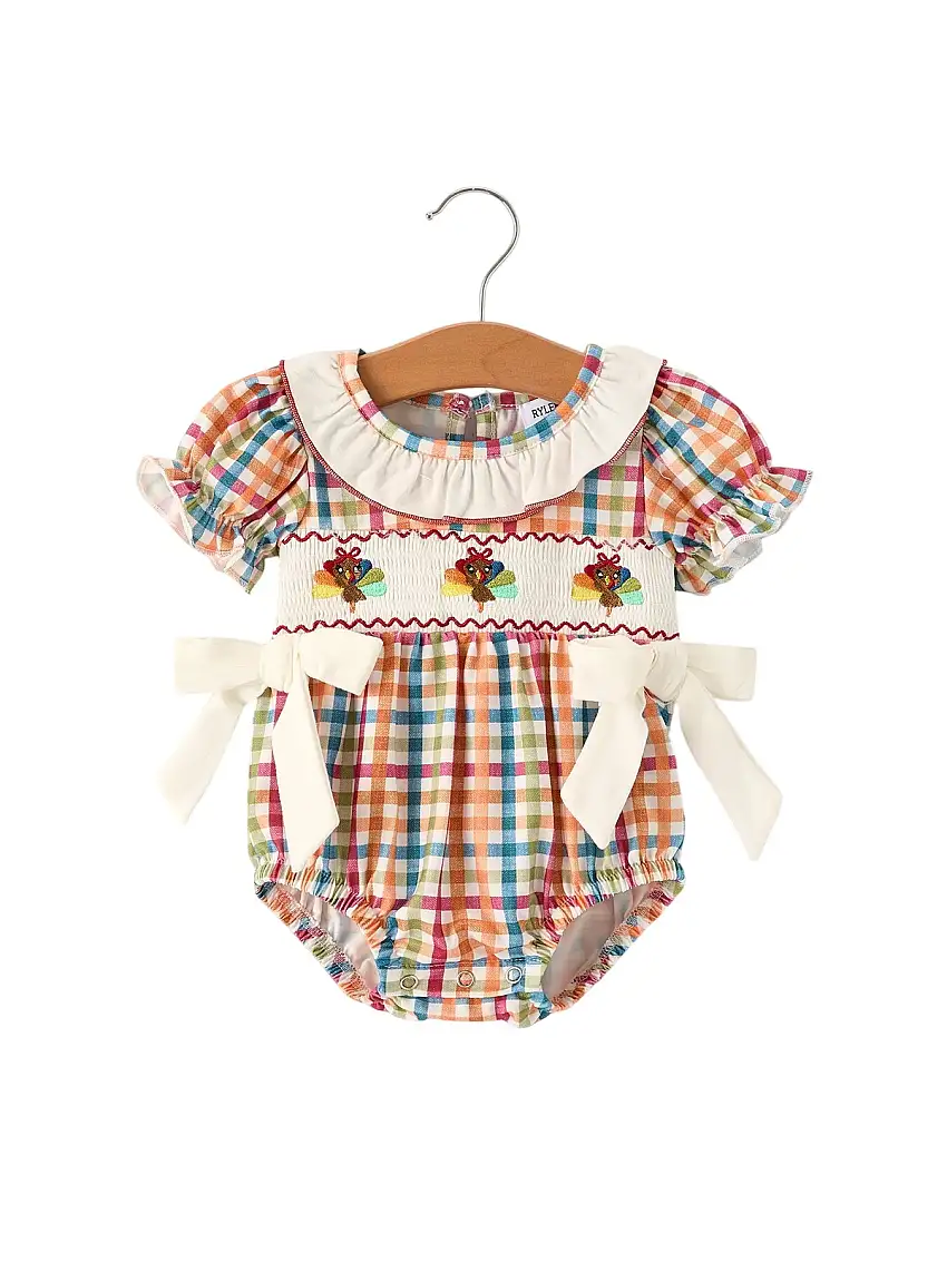 Fall Thanksgiving Color Plaid Chick Embroidery Smocking Baby Girls Romper