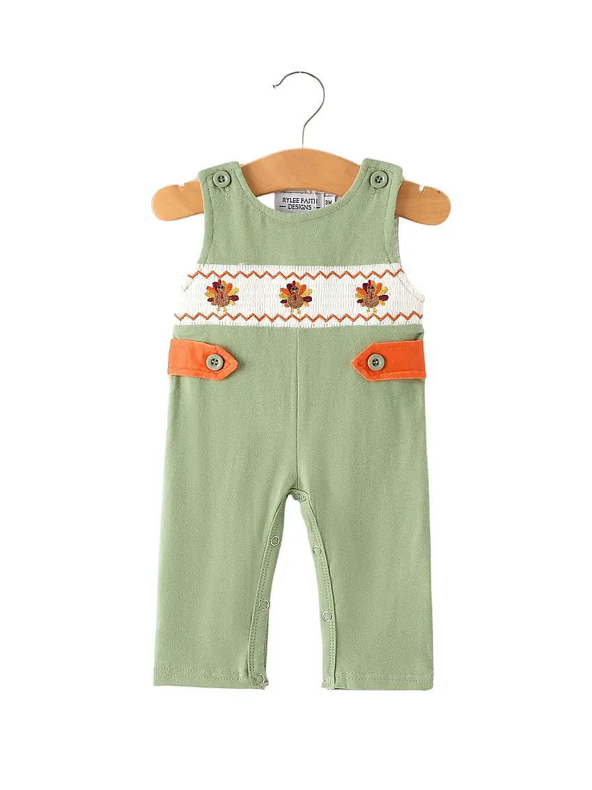 Fall Thanksgiving Chicken Smock Embroidered Green Boys Romper