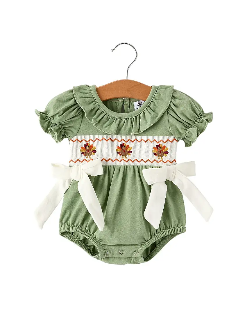 Fall Thanksgiving Chicken Smock Embroidered Green Baby Girl Romper