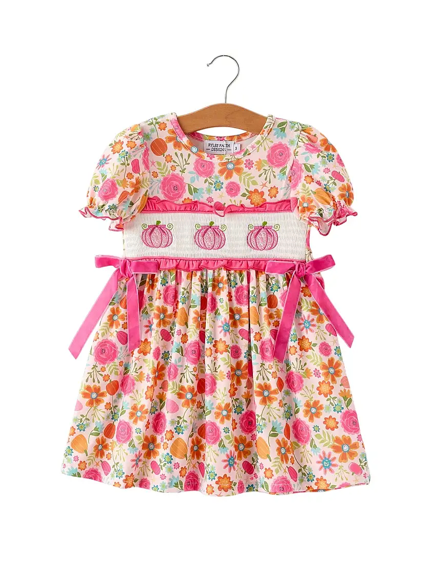 Autumn Halloween Thanksgiving Pumpkin Embroidery Smock Floral Girls Dress