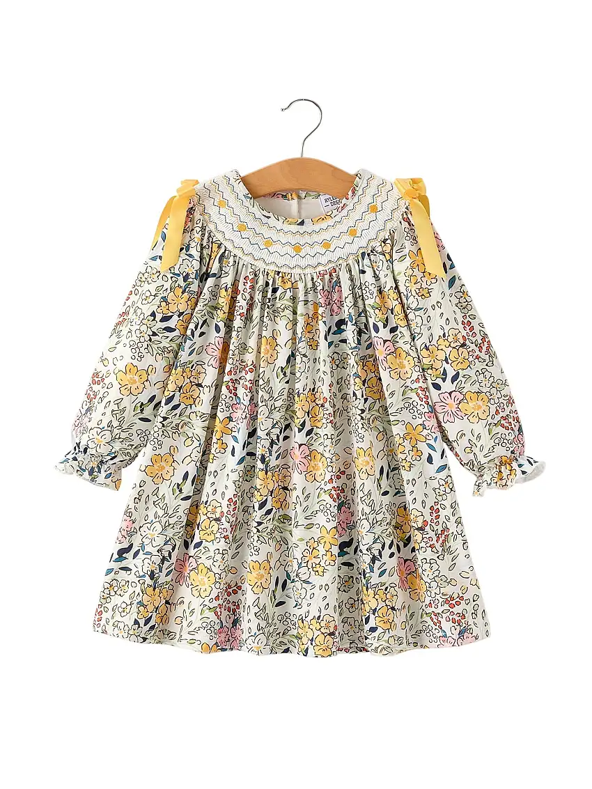 Fall Embroidery Smocking Bow Floral Leaf Baby Girls Dress