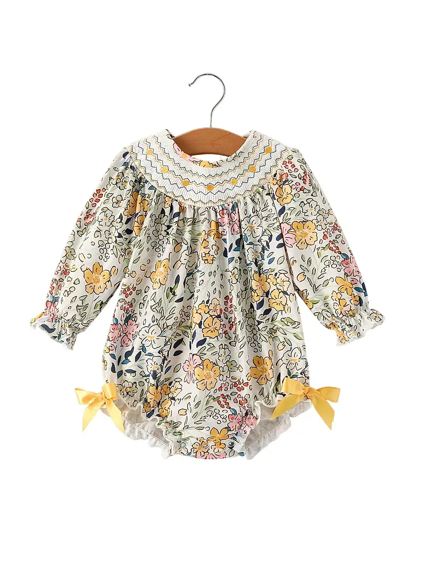 Fall Embroidery Smocking Bow Floral Leaf Baby Girls Romper