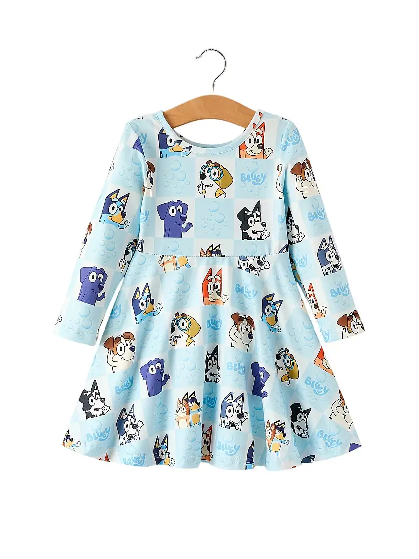 Winter Christmas Character Print Blue Girls Dress