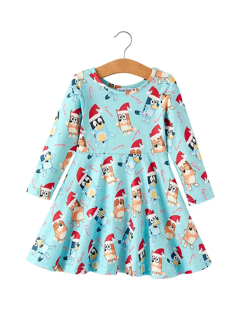 Winter Christmas Character Print Blue Girls Long Sleeve Dress