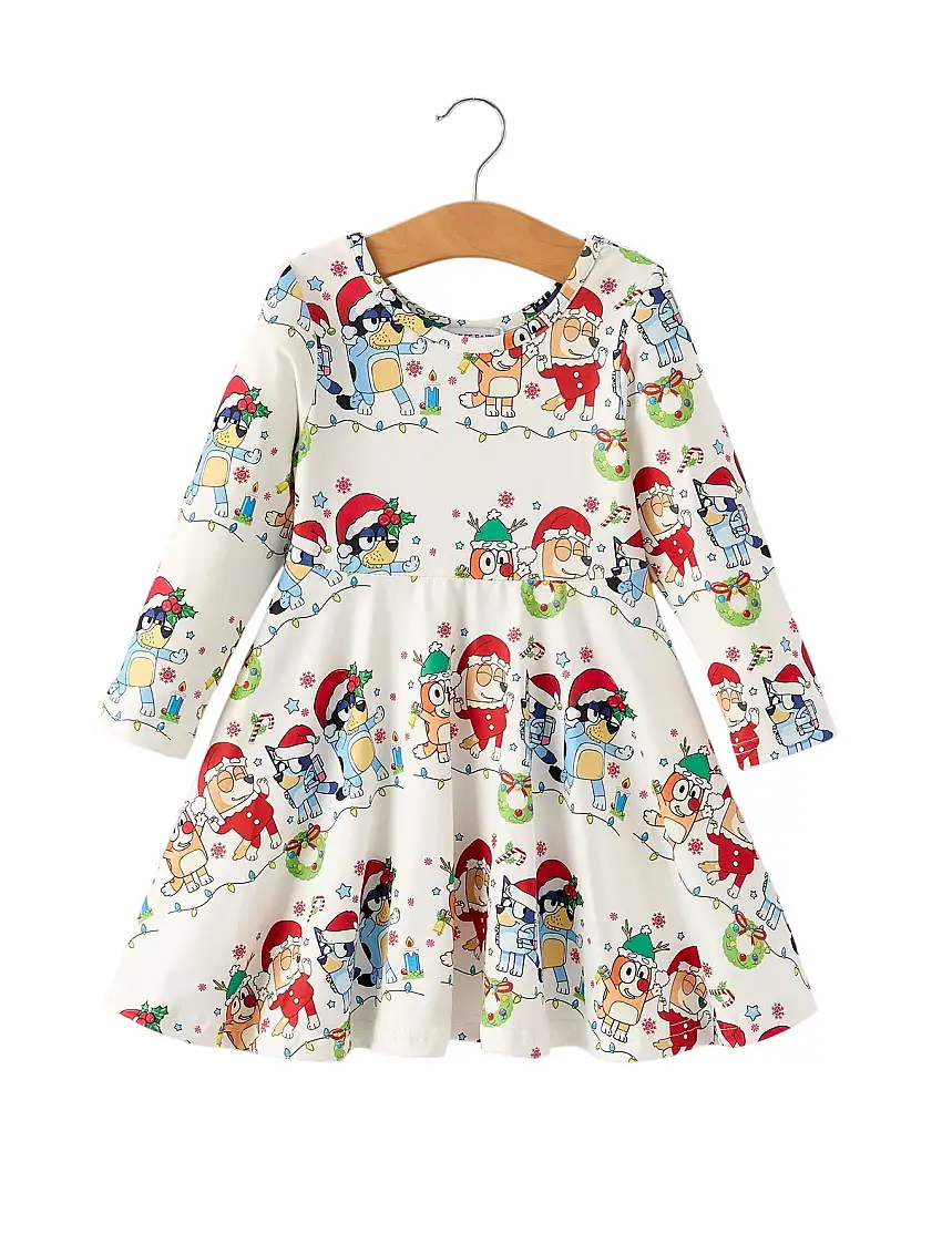 Winter Christmas Character Party Print Girls Dress