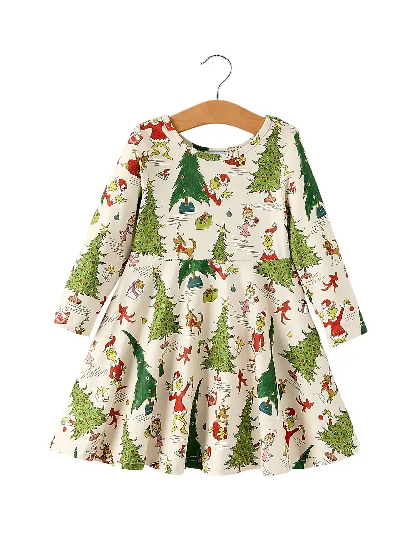 Winter Christmas Tree Character Print Green Girls Dress