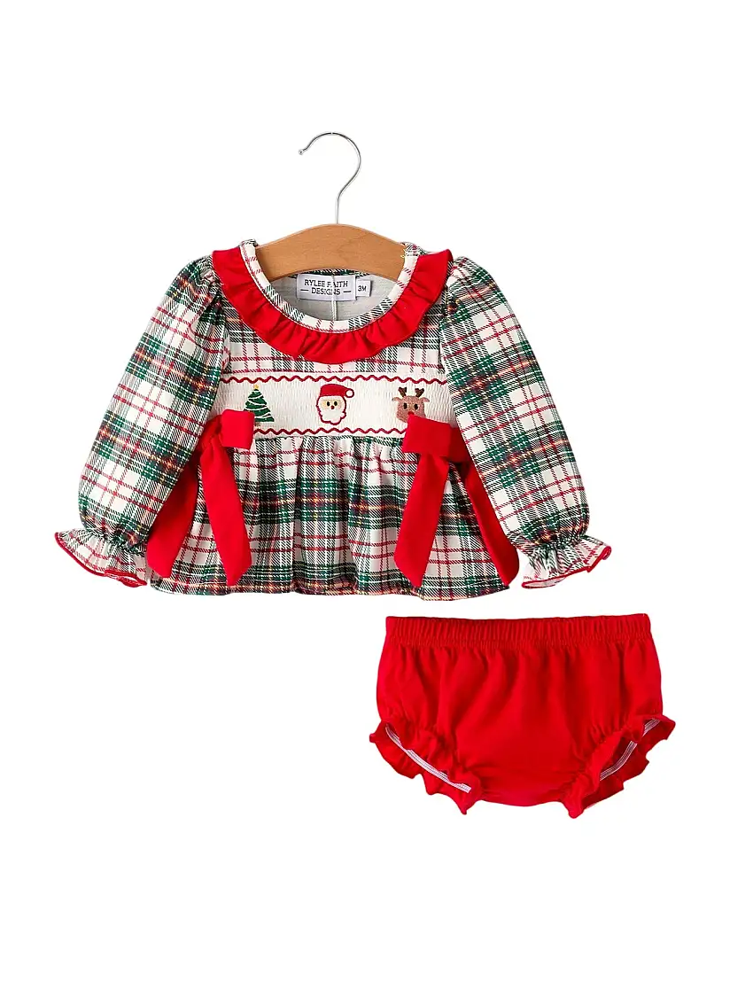 Christmas Plaid Smocking Embroidered Girls Bloomers Romper Set