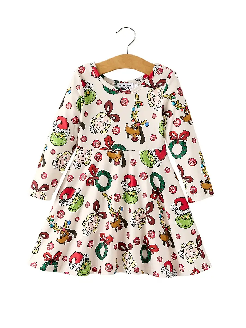 Winter Christmas Character Colorful Print Girls Dress