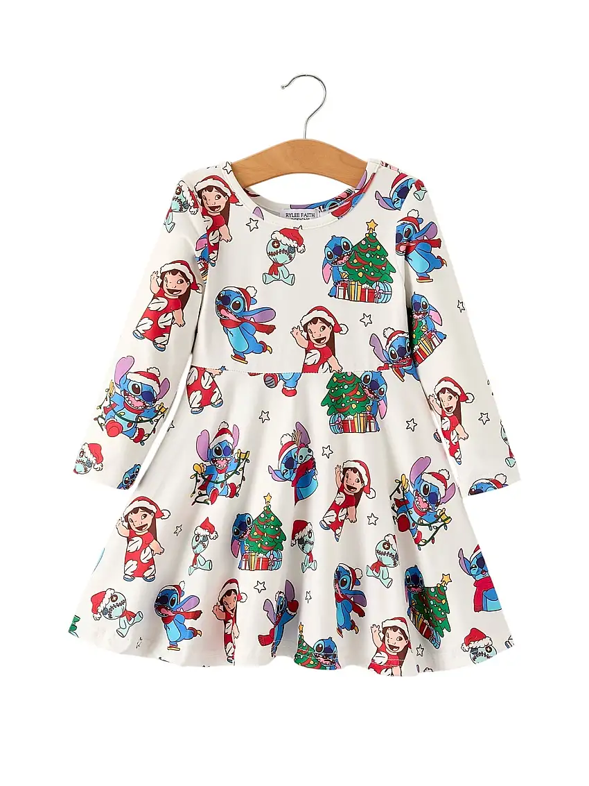 Winter Christmas Tree Character Print Girls Long Sleeve Casual Dress