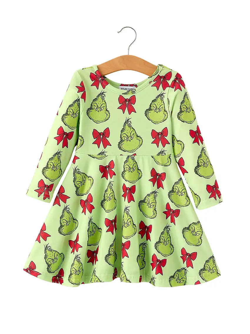 Winter Christmas Tree Bow Character Print Green Girls Dress
