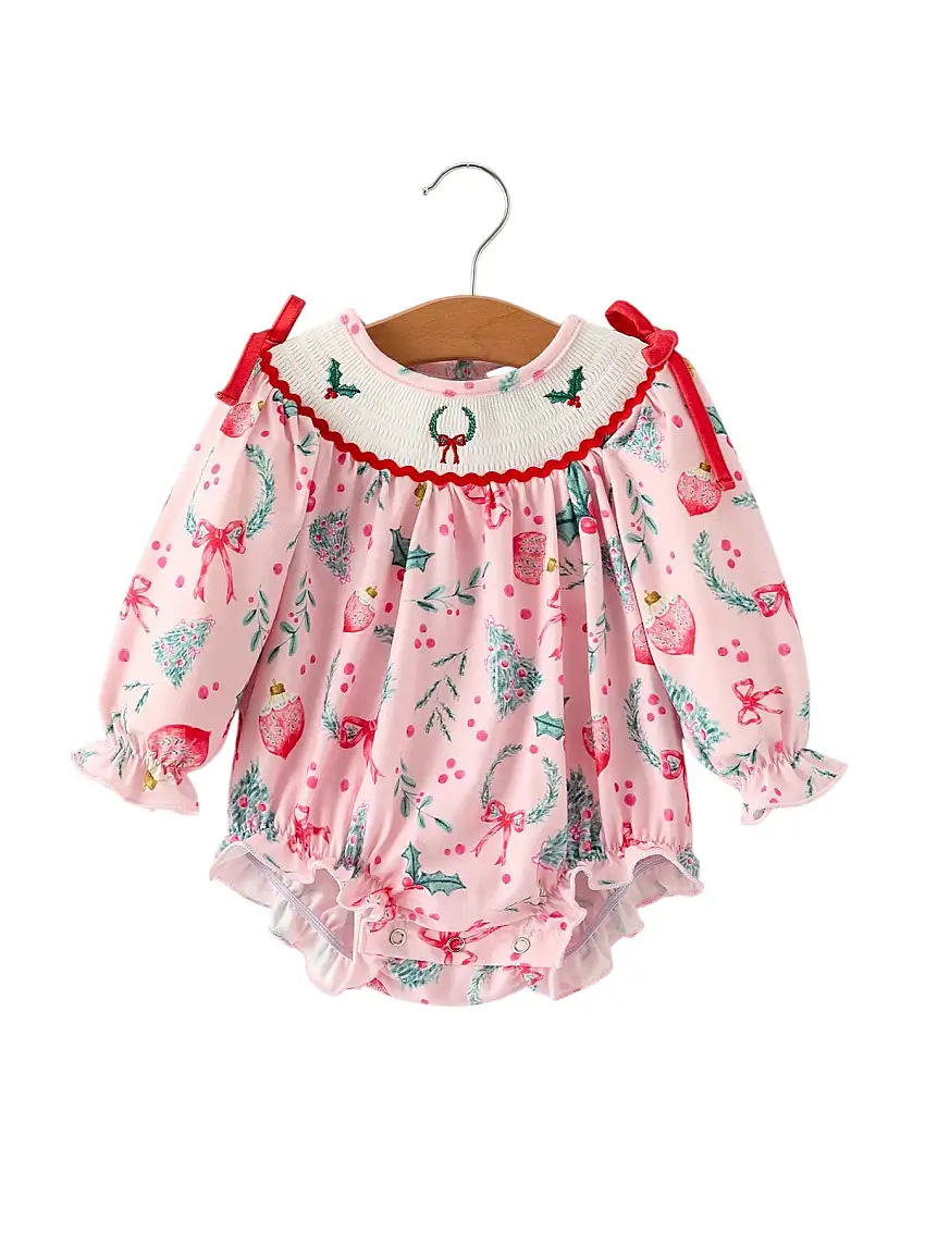 Winter Christmas Smocking Embroidery Colorful Girls Romper