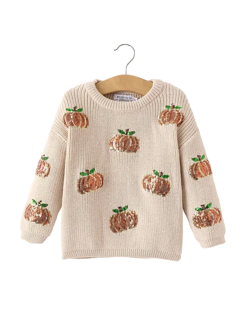 Thanksgiving Halloween Pumpkin Sequin Sweater – Beige, Perfect For Fall