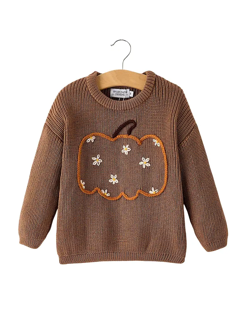 Thanksgiving Halloween Pumpkin Floral Girls Pullover Sweater