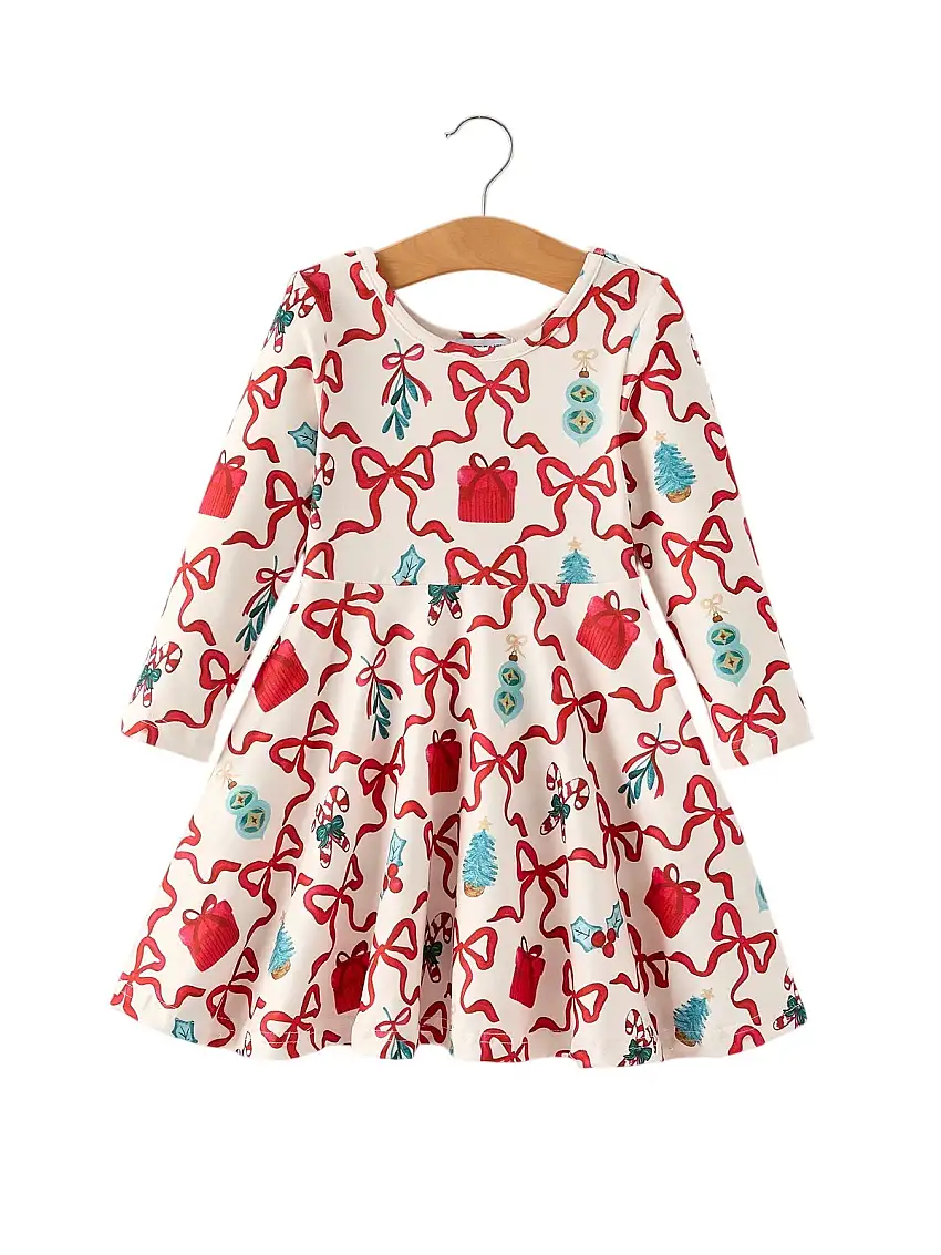 Christmas Candy Cane Gift Print Girls Dress