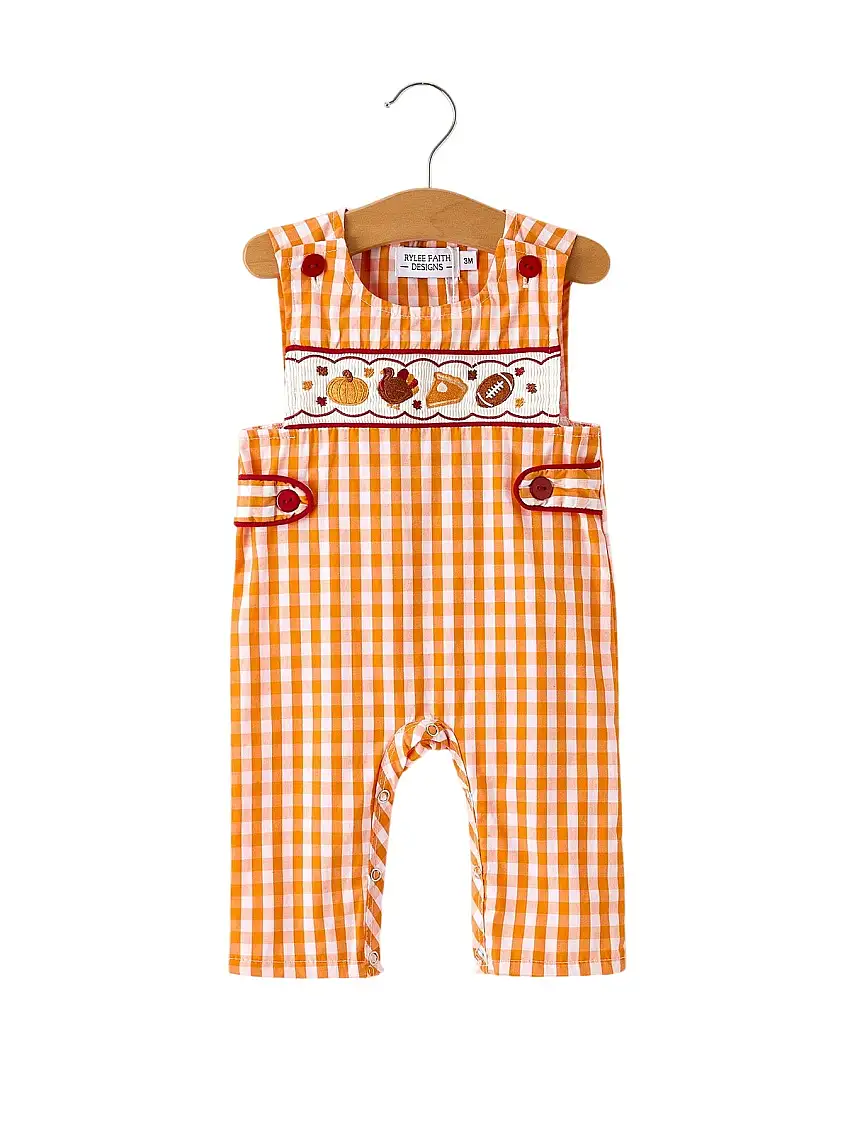 Fall Embroidered Romper For Baby Boys – Orange Checkered With Halloween Details